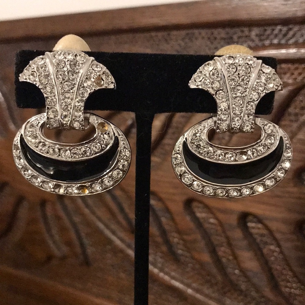 Vintage Rhinestone Black Enamel Clip Earrings